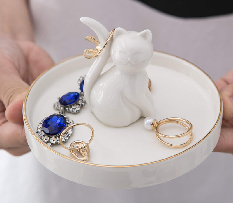 [Australia] - Adorable White Cat Ring Holder Ceramic Jewelry Tray Porcelain Trinket Dish for Wedding Engagement Gift Perfect for Holding Small Jewelries, Necklaces, Earrings, Bracelets (Lovely Kitty) 