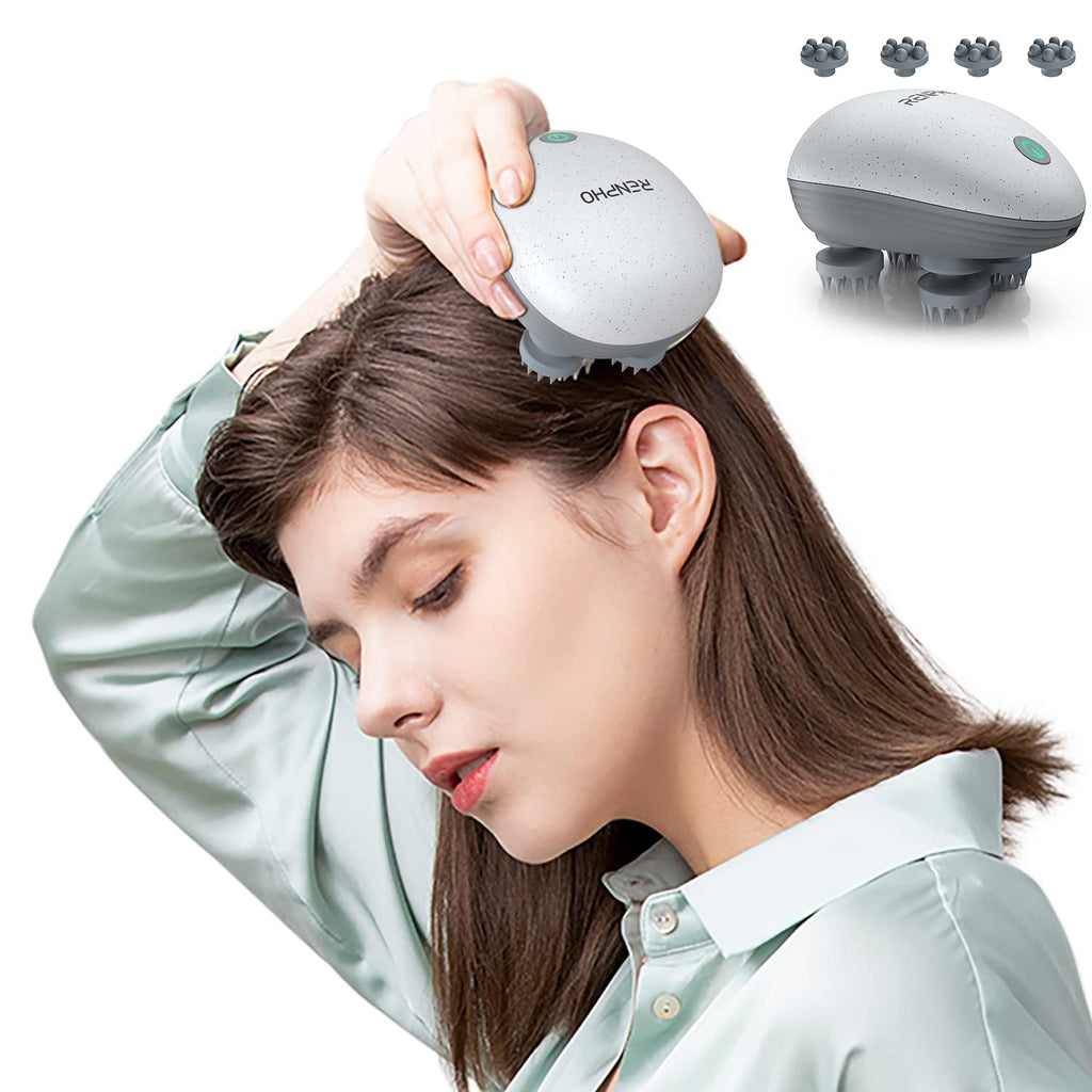 [Australia] - Electric Scalp Massager, RENPHO Waterproof Portable Electric Head Massager with 4 Replacement Massage Heads for Hair Growth, Stress Relief, Deep Cleaning, and Full Body Massage 
