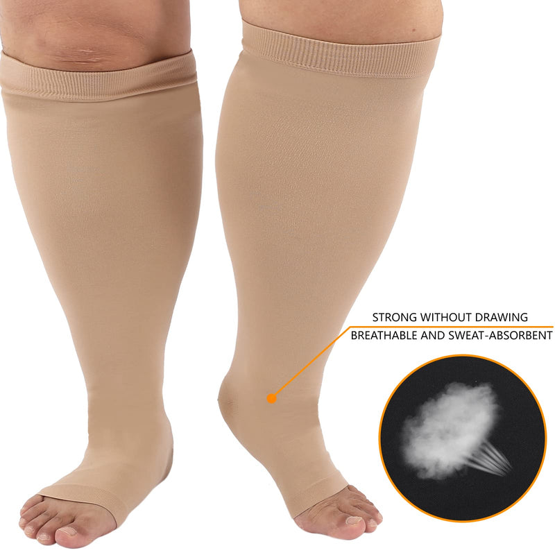 [Australia] - Compression Sock for Men Women, Plus Size Compression Socks Wide Calf, High Knee Flight Socks Medical Compression Socks Stocking for Varicose Veins,Open Toe Men Women Running Flight Compression Socks Beige 2XL 