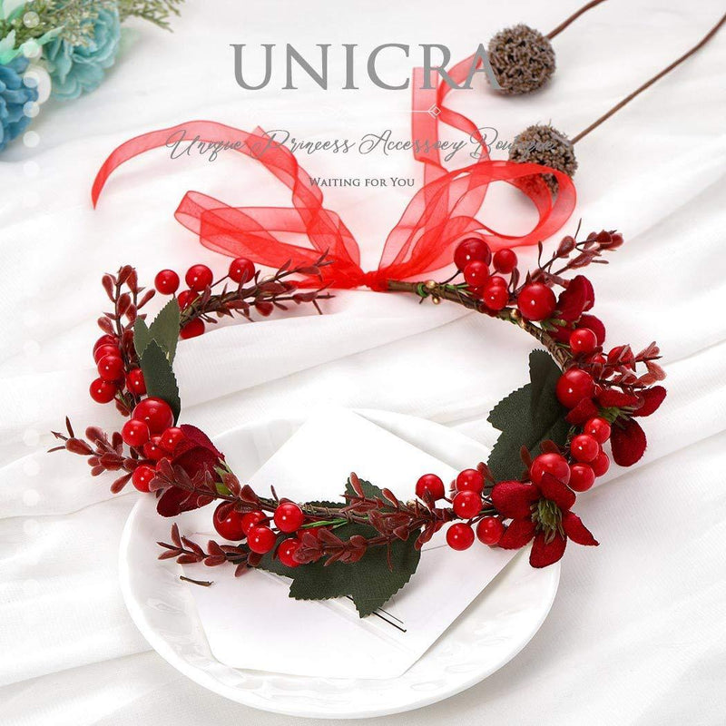 [Australia] - Unicra Christmas Crown Headband Flower Garland Headband Red Hair Wreath Garland Christmas Hair Accessories with Ribbon Party Festival Gift for Women and Girls 