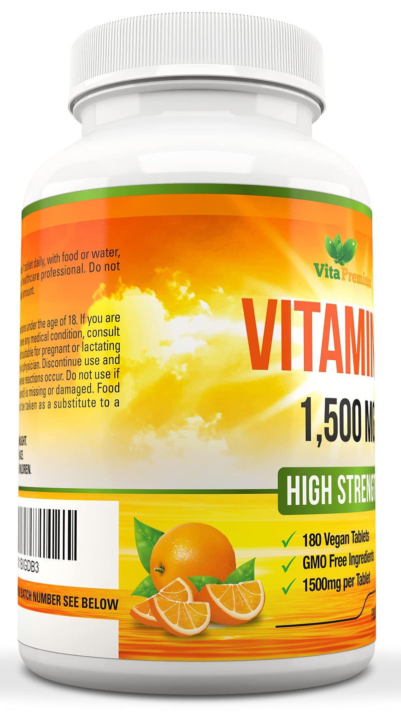 [Australia] - Vitamin C 1500mg per Tablet, High Strength 180 Vegan Tablets, Food Supplement, 6 Month Supply - Made in UK 