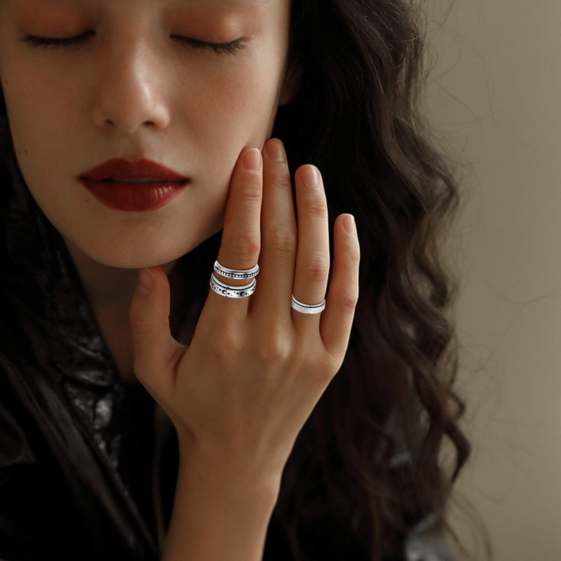 [Australia] - FIBO STEEL 6Pcs Stainless Steel Spinner Ring for Women Fidget Band Rings Moon Star Sand Blast Finish Ring Set for Stress Relieving Wedding Promise Size 5-11 6 