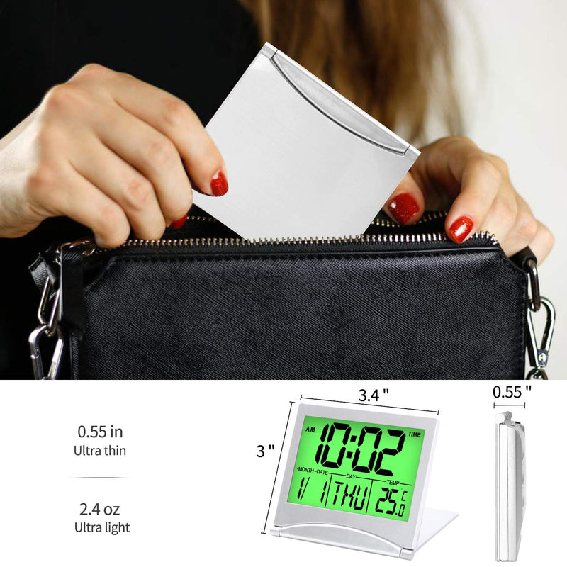 [Australia] - Betus Digital Travel Alarm Clock with Backlight - Foldable Calendar Temperature Timer LCD Clock with Snooze Mode - Large Number Display, Battery Operated - Compact Desk Clock for All Ages (Silver) 