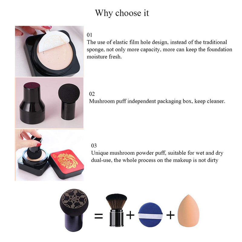 [Australia] - Mushroom Head Air Cushion CC Cream High Coverage Foundation Long Lasting Waterproof Brighten BB Moisturizing Medium Concealer For Oily Skin Hides Face Pores ,with Makeup Sponge 