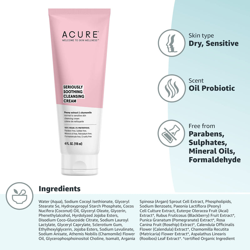 [Australia] - ACURE Seriously Soothing Cleansing Cream | 100% Vegan | For Dry to Sensitive Skin | Peony Extract & Chamomille - Soothes , Hydrates & Cleanses | 4 Fl Oz 