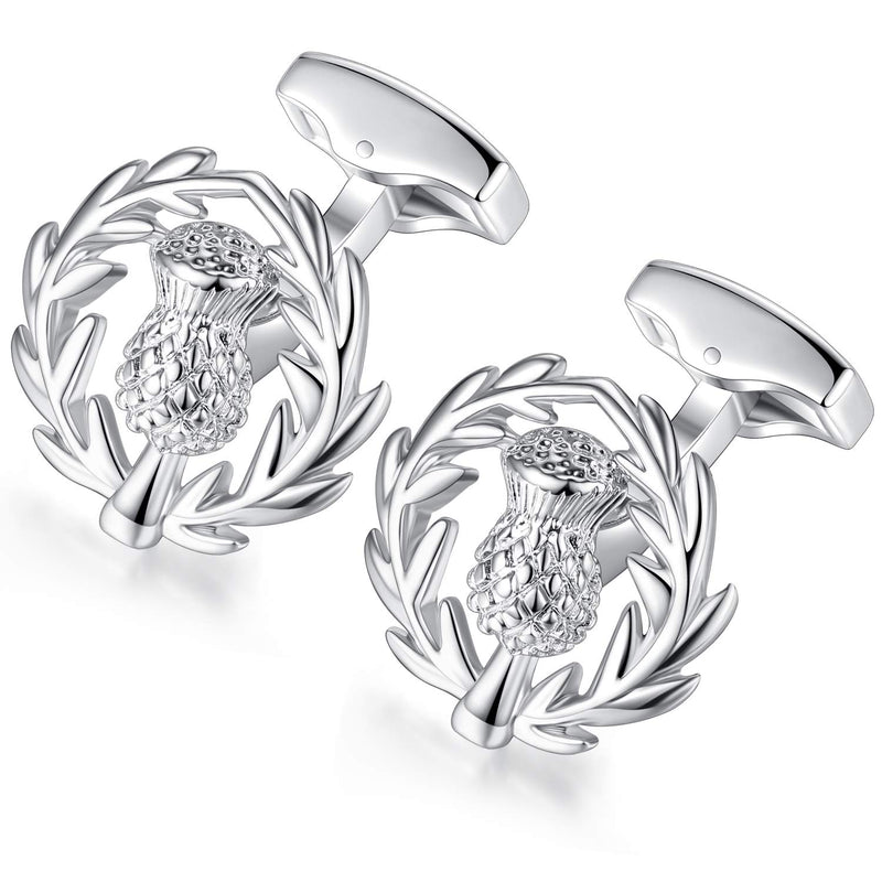 [Australia] - HONEY BEAR Scortland Thistle Flower Cufflinks for Mens Wedding Gift Silver 