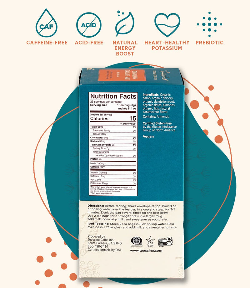 [Australia] - Teeccino Dandelion Tea – Caramel Nut – Rich & Roasted Herbal Tea That’s Caffeine Free & Prebiotic with Detoxifying Dandelion Root, 25 Tea Bags Dandelion Caramel Nut 25 Count (Pack of 1) 