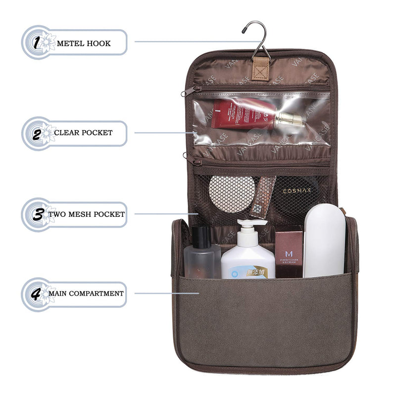 [Australia] - Hanging Toiletry Bag for Men VANCASE Vintage Leather Shaving Dopp Kit Medium Waterproof Travel Bathroom Bags Portable Shower Organizer Pattern Brown 