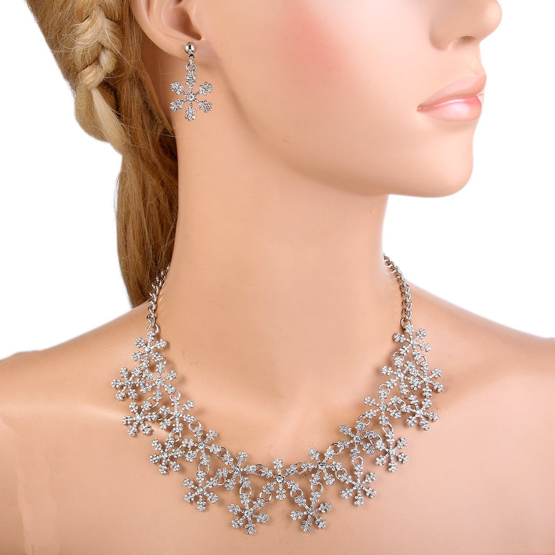 [Australia] - EVER FAITH Lots Snowflake Austrian Crystal Necklace Earrings Set Silver-Tone-Clear 