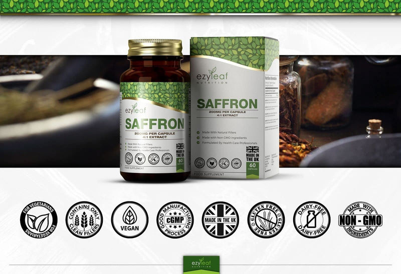 [Australia] - Ezyleaf Saffron Supplement | 60 High Strength Saffron Capsules - 200mg (from 4:1 Extract) Safron Herb Extract per Serving | Non-GMO, Gluten & Allergen Free | Manufactured in The UK 