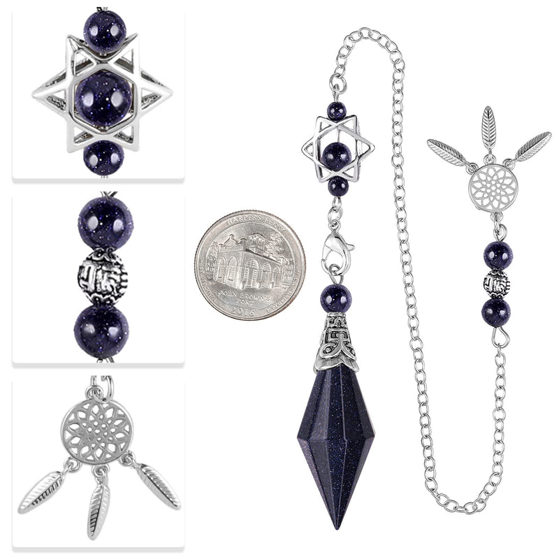 [Australia] - Nupuyai Blue Sand Stone Crystal Point Pendulum for Divination Scrying Dowsing, Healing Stone Pendulum with Merkaba Star Dream Catcher Chain #3-blue 