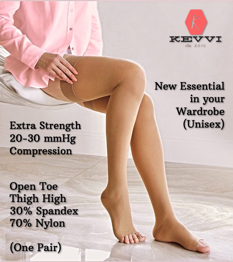 [Australia] - KEVVI (S to 5XL) -Thigh High Compression Stockings Women & Men 20-30 mmHg,Ted Hose Open Toe, Support Hose, Support Stockings Medium Beige 