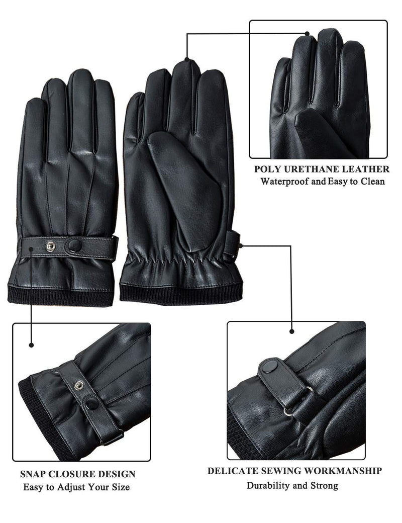 [Australia] - SANKUU Men's Winter Black Gloves Leather Touchscreen Snap Closure Cycling Glove Outdoor Riding Warm Waterproof Gloves Large 