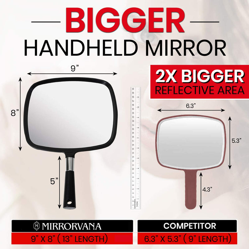 [Australia] - Mirrorvana Large Hand Mirror with Comfy Handle - Black Portable Handheld Mirror - 9" x 13" 1-Pack 