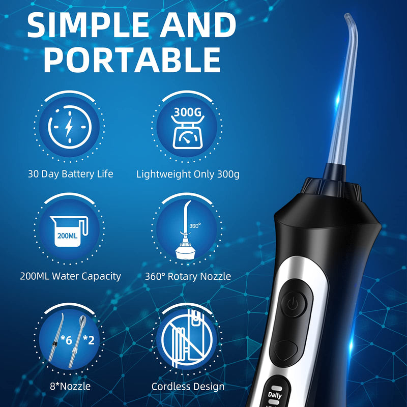 [Australia] - Mitimi Water Flosser for Teeth Cordless, Portable Oral Irrigator for Teeth Cleaner, with 8 Jet Tips, with 200ML Water Tank and USB Rechargeable, Waterproof IPX7 Power Dental Flosser 