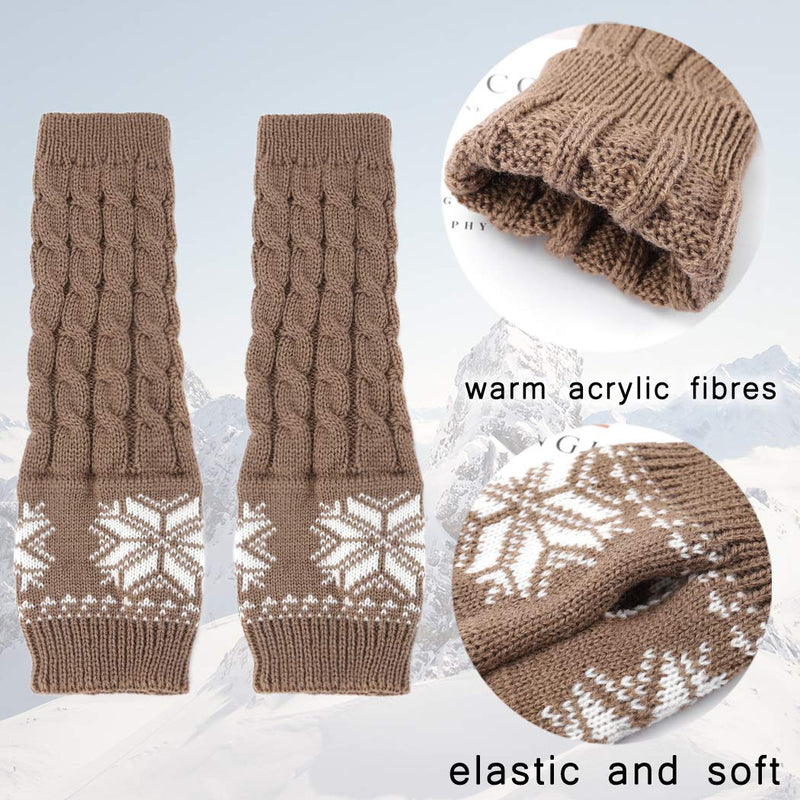 [Australia] - Urieo Winter Arms Warmers Khaki Acrylic Fibres Knit Warm Thumb Hole Gloves Mittens Decorative Pattern Cozy Long Fingerless Gloves for Women and Girls 