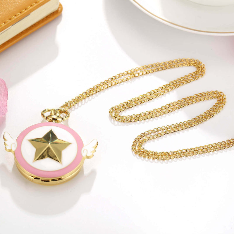 [Australia] - Womens Sakura Star Wings Quartz Pocket Watch with Chain + Gold Box 