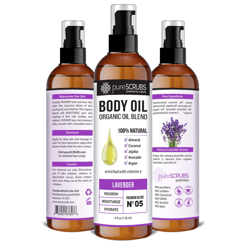 [Australia] - pureSCRUBS Ultra Moisturizing LAVENDER BODY OIL Spray For Dry Skin, Massage, Cuticles & More, Organic Blend of Jojoba, Argan, Coconut, Sweet Almond & Avocado Oils Enriched with Vitamin E - Lg 4oz Lavender - 4oz 