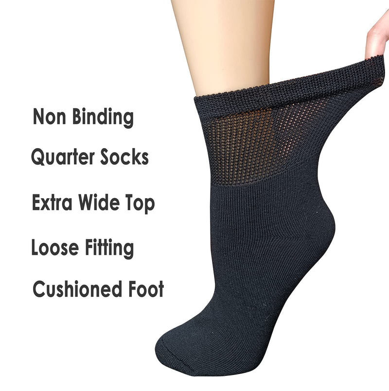 [Australia] - VEIGIKE Women Extra Wide Comfort Fit Loose Fit Quarter Socks Moisture Wicking Cushion Diabetic Socks Loose Fit for Wide Swollen Feet Ankle 4 pairs 9-11, Black, One Size 