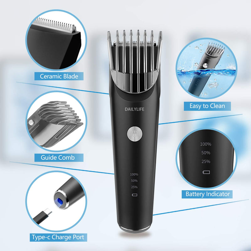 [Australia] - DAILYLIFE Cordless Electric Hair Clippers,Rechargeable Hair Grooming Kit with Adjustable Comb, IPX7 Waterproof Whole Body Washable, Type-c USB Charging Low-Noise Household Hair Trimmer 