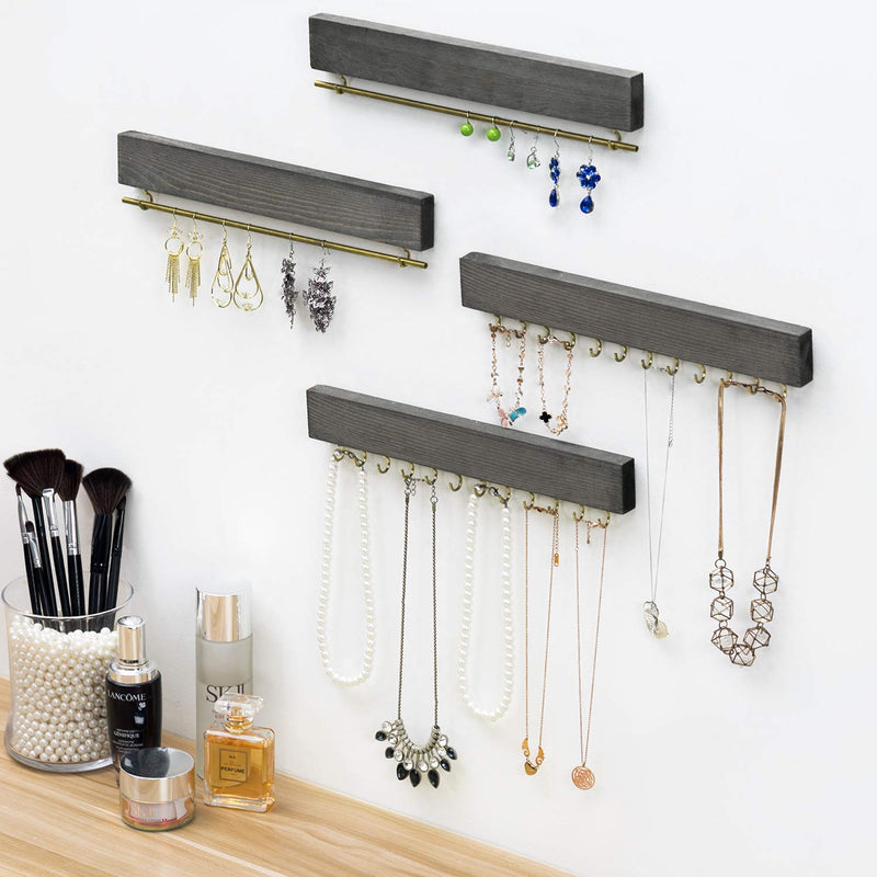 [Australia] - MyGift 4-Piece Wall Mounted Rustic Gray Wood Necklace, Bracelet & Earring Jewelry Storage Rack Set 