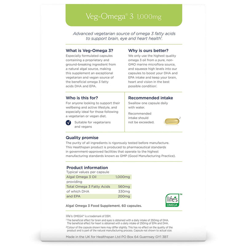 [Australia] - Healthspan Veg-Omega 3 1,000mg | 60 Capsules | Support Brain, Eye and Heart Health | Vegan Algal Source | No Fish | Omega 3 Fatty Acids DHA & EPA | Non-GMO | Vegan 