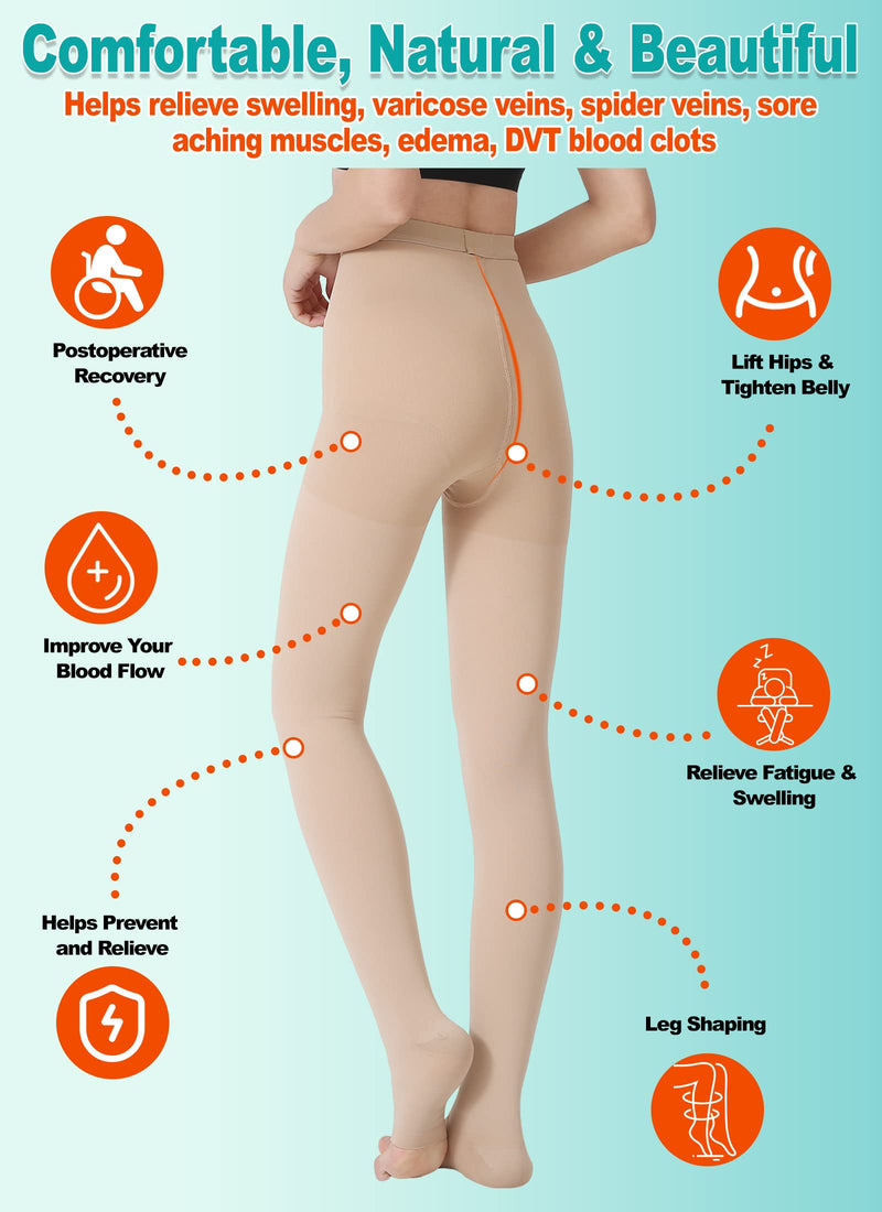 [Australia] - MGANG® Compression Pantyhose, Open Toe, Waist High Compression Stockings Opaque, 20-30 mmHg Medical Pantyhose, Firm Support Hose for Women & Men, Edema, Varicose Veins, Swelling, Nursing, Beige Medium 20-30mmhg Beige Open-toe 