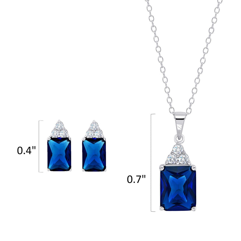 [Australia] - Sterling Silver Simulated Blue and White Sapphire Emerald Cut Pendant Necklace and Stud Earring Jewelry Set 