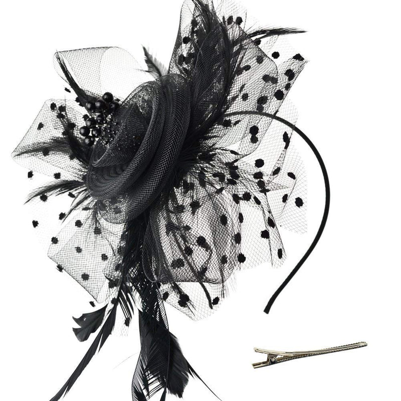 [Australia] - Fascinators Tea Party Hats for Women, Hat Flower Mesh Ribbons Feathers on a Headband and a Clip Headwear for Girls and Women Black+navy 