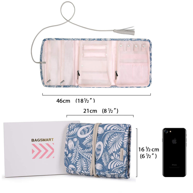 [Australia] - BAGSMART Travel Jewelry Organizer Case Foldable Floral Jewelry Roll with tassel for Journey-Rings, Necklaces, Earrings, Bracelets White Leaf 