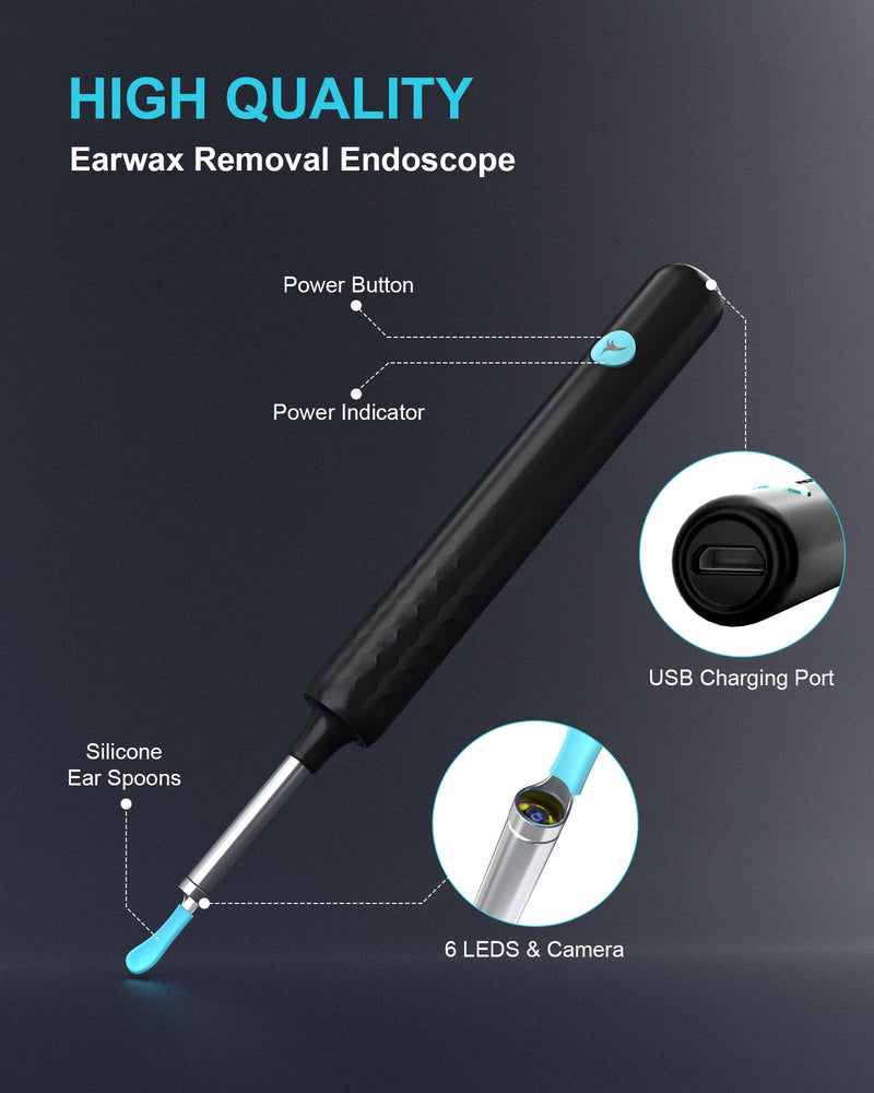 [Australia] - DJROLL Ear Wax Removal Endoscope, Earwax Remover Tool, Ear Camera,1080P FHD Wireless Ear Otoscope with 6 LED Lights,Ear Scope with Ear Wax Cleaner Tool for iPhone, iPad & Android Smart Phones (Black) Black 