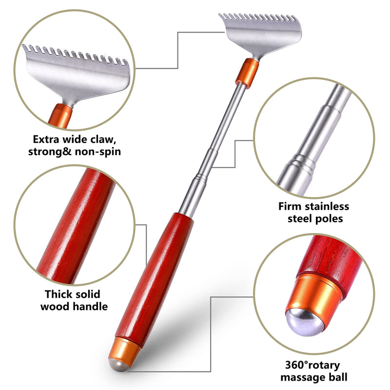 [Australia] - Large Back Scratcher Extendable, Aznrszy for Men Women Adults Long 24Inch with Wooden Handle Massage Roller, Extra Wide 15-Teeth Claw Sturdy Steel Hand Massagers, Dark-red L-24'' 