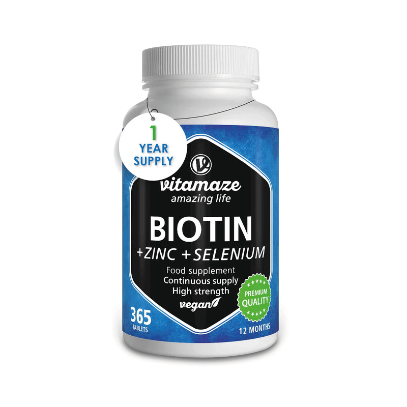 [Australia] - Biotin Hair Growth 10.000 mcg Complex - with Selenium and Zinc - 1 Year Supply for Hair, Skin and Nails - 365 Vegan Tablets - German Quality - Vitamaze� 