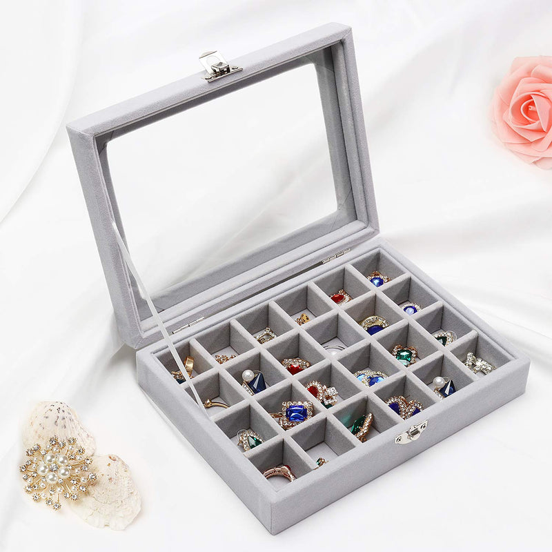 [Australia] - Stylifing Clear Lid Velvet 24 Grid Jewelry Tray Stackable Jewelry Display Showcase Lockable Jewelry Organizer Box Gifts for Girls Women (24 Grid Grey) 24 Grid Grey 