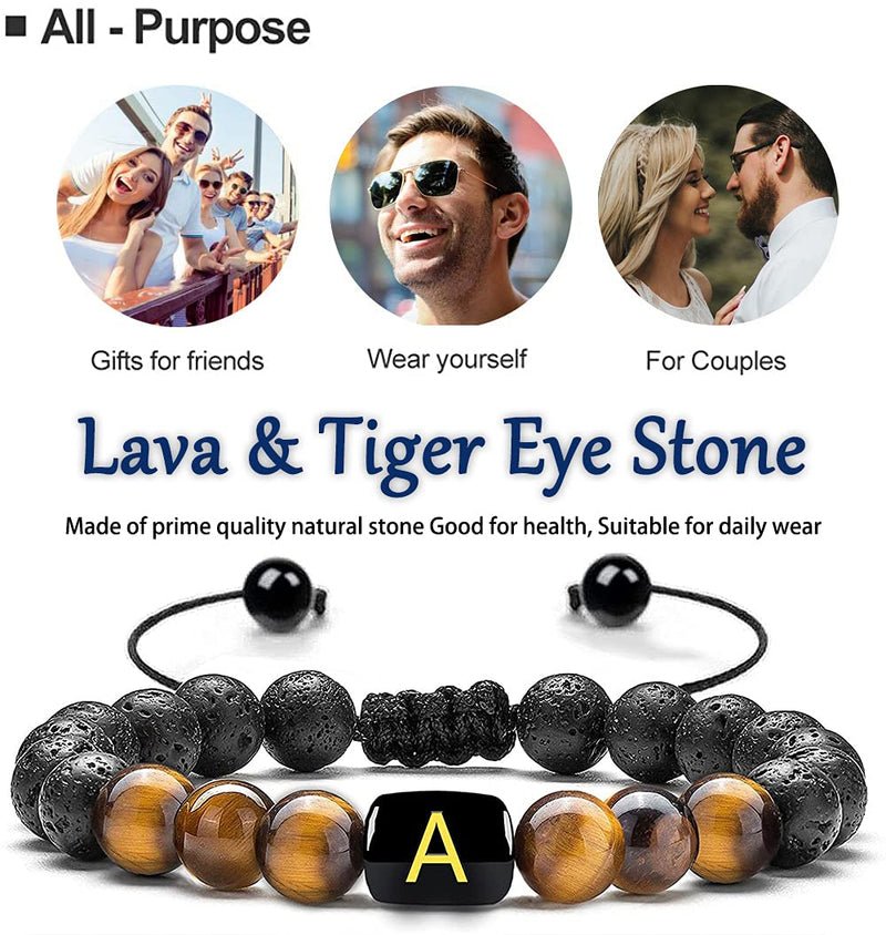 [Australia] - PANSHI Initial Beaded Bracelets for Men Tiger Eye Bracelet Mens Jewelry Lava Rock Healing Stone Letter Beads Braclet Handmade Adjustable Braided Rope Personalized Gifts A 