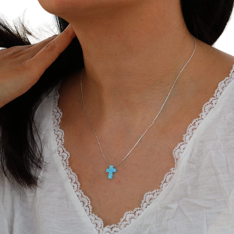 [Australia] - Women's Mini Blue Created Opal Cross Dainty Minimalist Pendant Necklace with 925 Sterling Silver Chain 16+2 inches Light Blue 