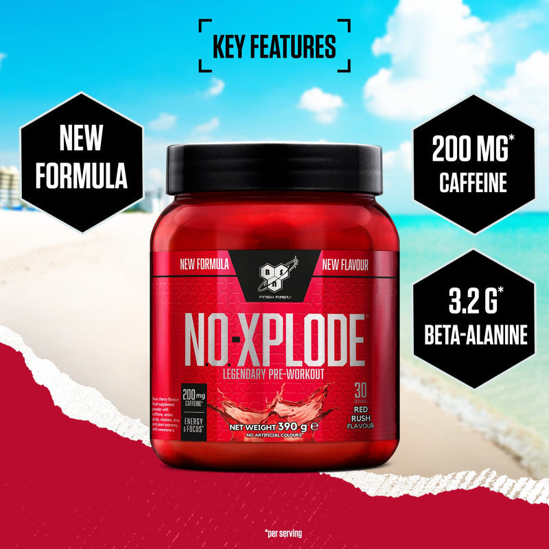 [Australia] - BSN Nutrition N.O.-Xplode Pre Workout Powder Food Supplement, Energy and Focus Booster with Caffeine, Amino Acids, Vitamin C and Zinc, Red Rush Flavour, 30 Servings, 390 g 