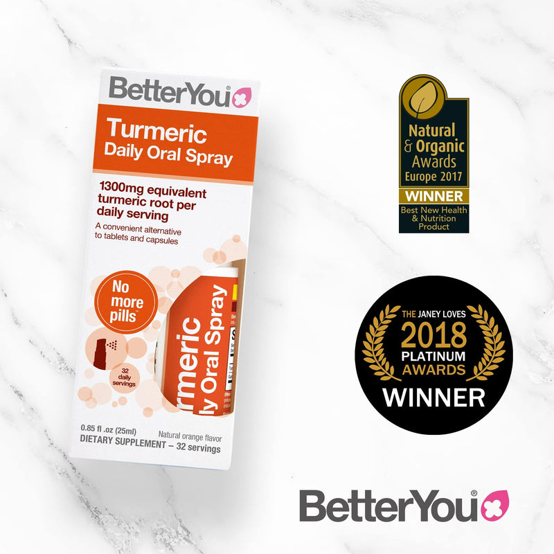 [Australia] - BetterYou Turmeric Daily Oral Spray | Vegan Turmeric Curcumin Supplement | 1,300 mg Equivalent Turmeric Root Per Dose | 25ml | 32 Daily Doses | Natural Orange Flavour 