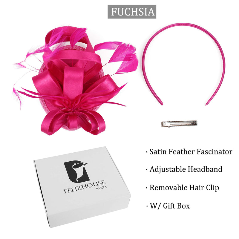 [Australia] - FELIZHOUSE Fascinator Hats Feather Satin Kentucky Derby Tea Party Hat Wedding Church Bridal Headwear for Women Girls #1 Satin Fuchsia 