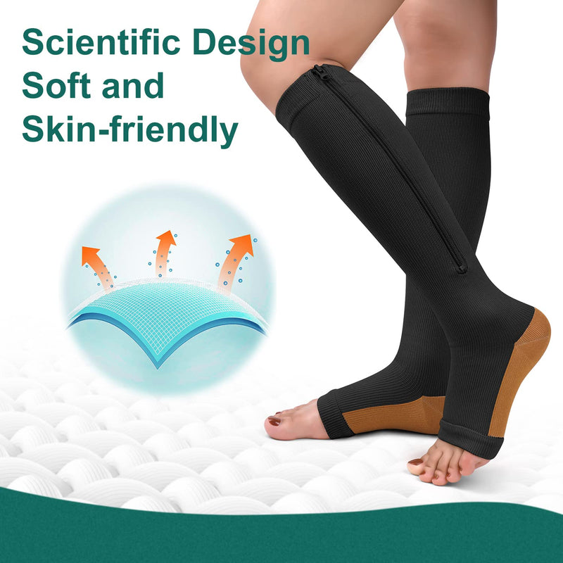 [Australia] - Copper Zipper Compression Socks -2 Pairs Calf Knee High Open Toe Support Stocking Compression Stocking… 01-black Large-X-Large 