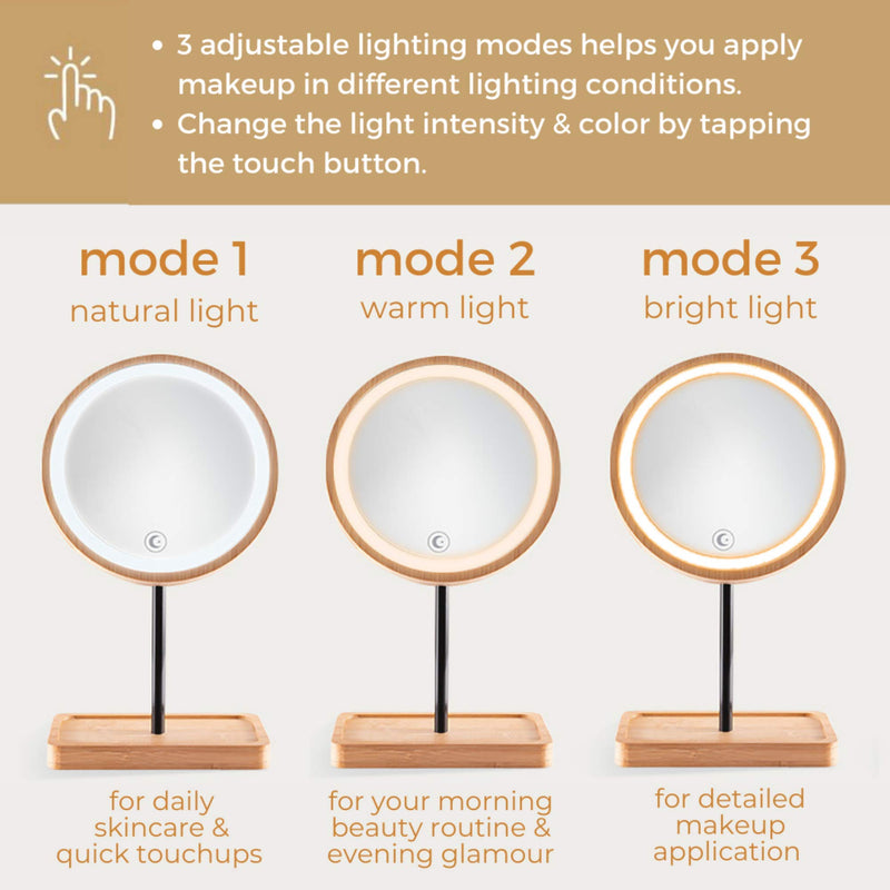 [Australia] - Kimikata Lighted LED Makeup Mirror Vanity Mirror with 3 Color Lights, Cordless USB Rechargeable Battery, 360° Rotation, Bamboo Wood Beauty Storage Tray, Tabletop Stand, Dimmable Circular Light Ring 