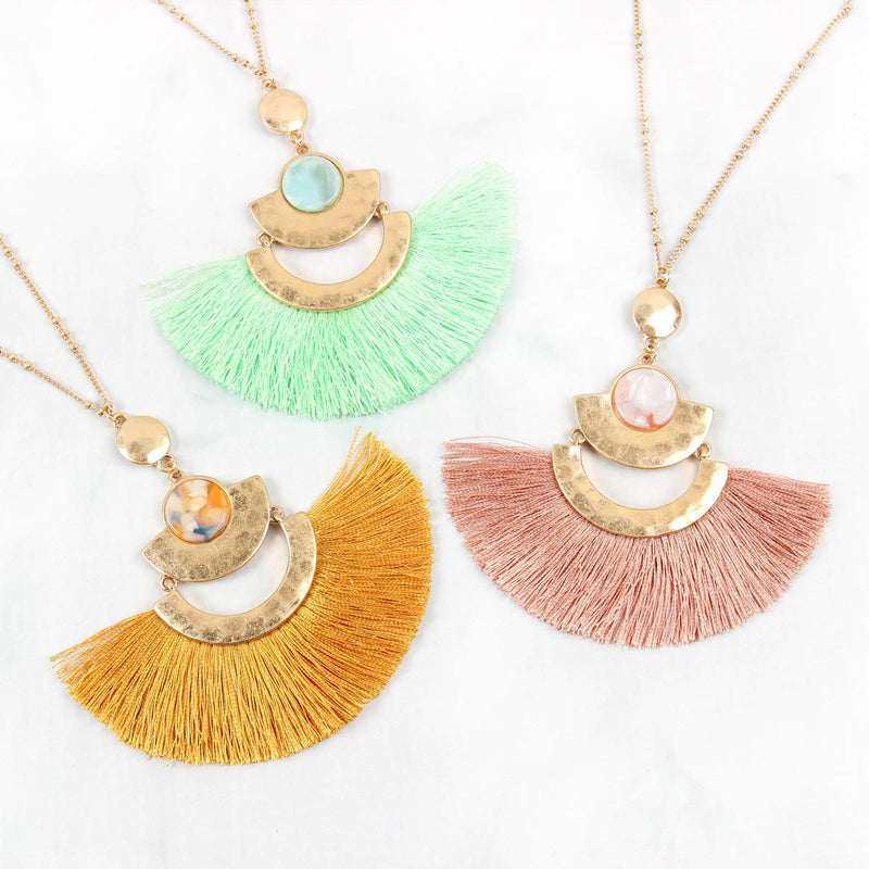 [Australia] - RIAH FASHION Bohemian Fan Tassel Pendant Statement Necklace - Silky Thread Strand Fringe Semi Circle Marquise Charm Long Chain Fan Tassel - Mint 