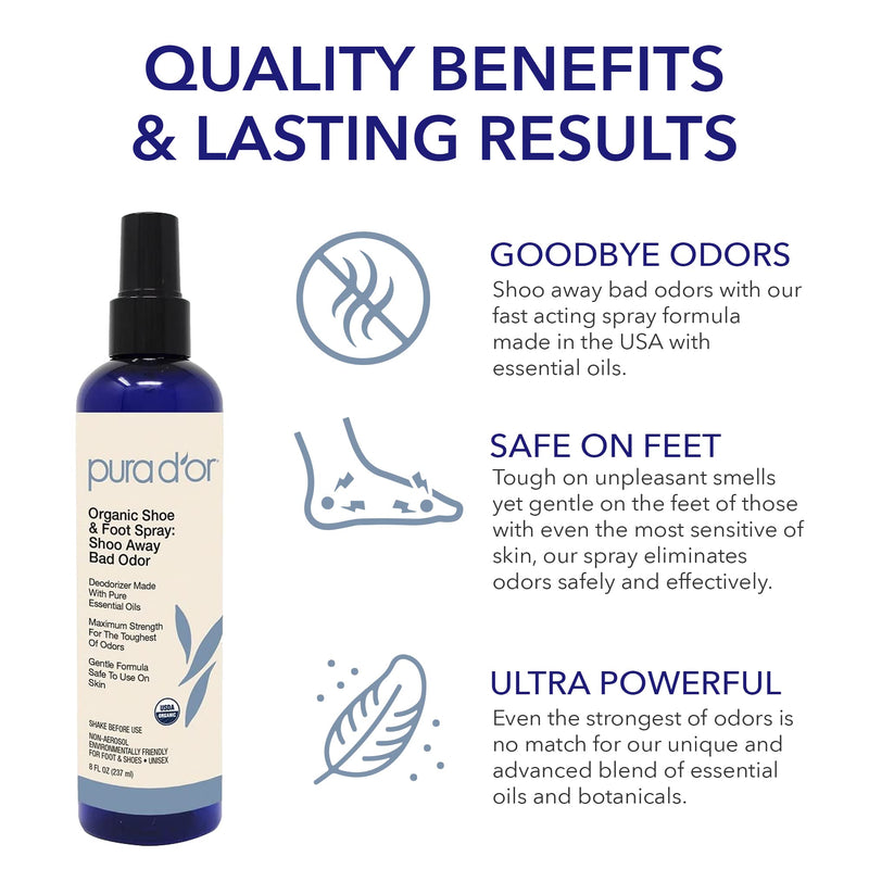 [Australia] - PURA D'OR Organic Shoe & Foot Odor Eliminator Spray (8oz) Deodorizes & Removes Bad Smells with Eucalyptus, Peppermint, Tea Tree, Lemongrass Essential Oil, Maximum Strength (Packaging may vary) 