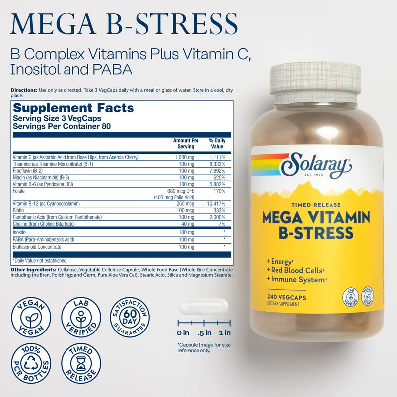 [Australia] - Solaray Mega Vitamin B-Stress, Timed-Release Vitamin B Complex with 1000 mg of Vitamin C for Stress, Energy, Red Blood Cell & Immune Support, 60 Day Guarantee, Vegan (240 CT) 240 Count (Pack of 1) 