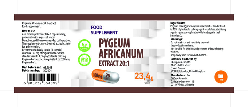 [Australia] - Pygeum Africanum 20000mg Equivalent (100mg of 20:1 Extract) 90 Vegan Capsules, 13% phytosterols, Certificate of Analysis by AGROLAB Germany, High Strength, Gluten and GMO Free 