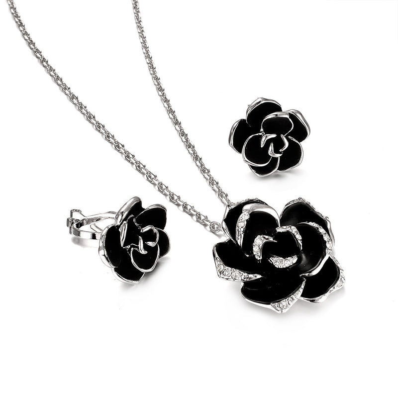 [Australia] - Yoursfs Flower Jewelry Set 18K Rose GP Sexy Flower Lacing with Rhinestones Clip Earrings&Necklace Ladies Jewelry Set Black Rose Jewelry Set 