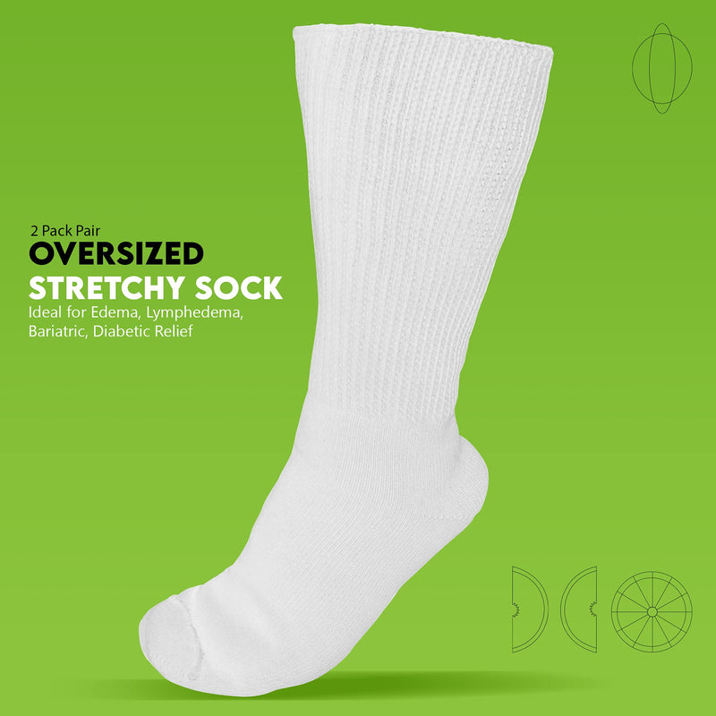 [Australia] - Extra Wide Socks 2-Pairs for Swollen Feet and Legs. Calf Length for Men and Women. Ideal for Edema, Lymphedema, Bariatric, Diabetic Relief. (White) Plain White 