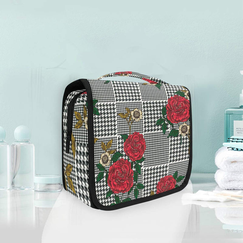 [Australia] - CUTEXL Cosmetic Bag Geometric Floral Flower Rose Plaid Large Hanging Wash Gargle Bag Portable Travel Toiletry Bag Makeup Case Organizer for Women Lady 