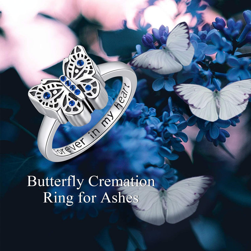 [Australia] - AOBOCO 925 Sterling Silver Butterfly Cremation Ring Holds Loved Ones Ashes, Forever in My Heart Urn Ring for Ashes for Women, Memorial Keepsake Ring Embellished with Crystals from Austria 6 