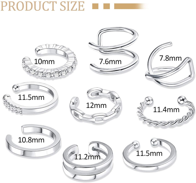 [Australia] - LOLIAS 9 PCS Ear Cuffs Small Hoop Earrings for Womens Non-Piercing Fake Ear Clips CZ Helix Cartilage Conch Cuffs Earrings Set Silver 